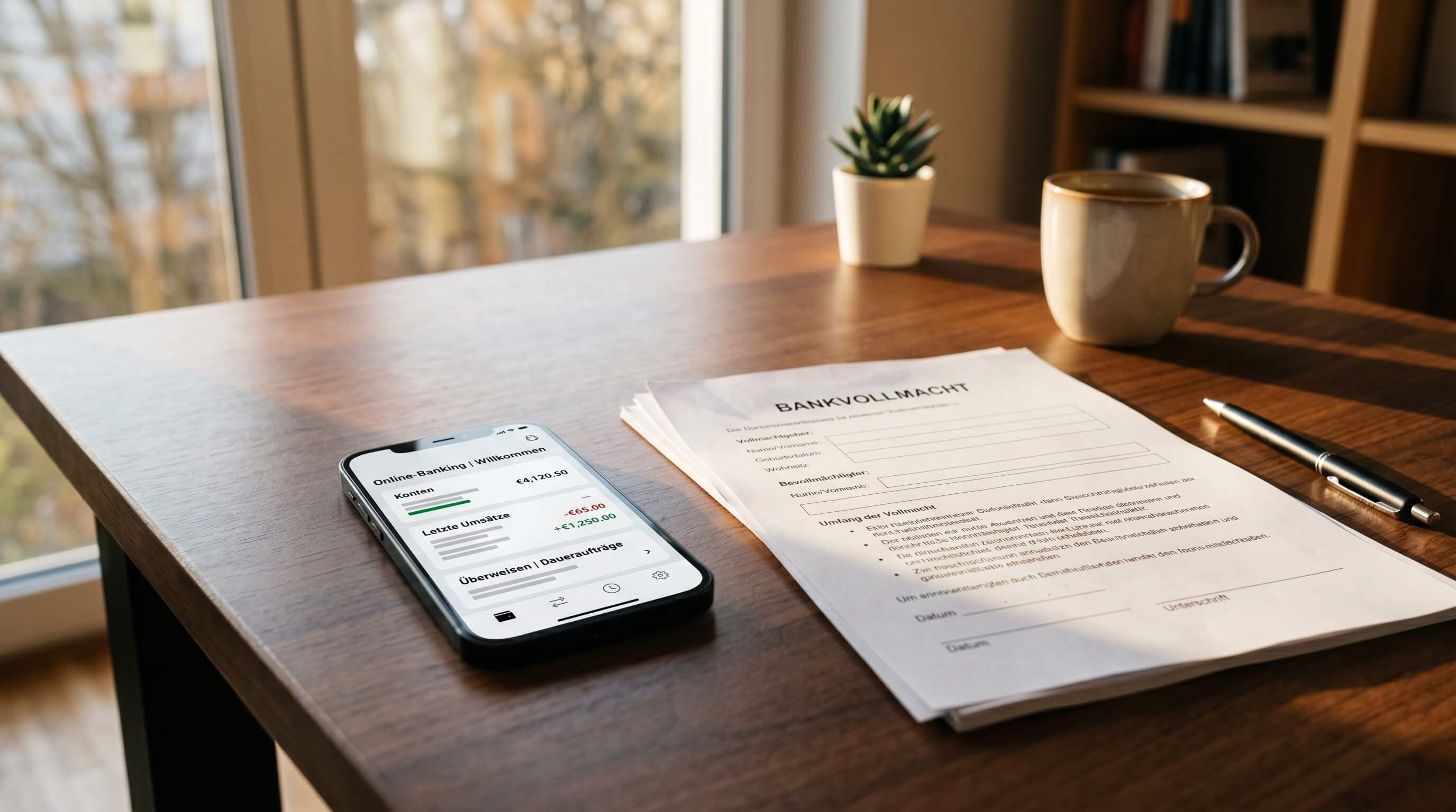 Smartphone mit Online-Banking-Interface neben einem Bankvollmacht-Formular auf einem Schreibtisch, modernes minimalistisches Fintech-Ambiente