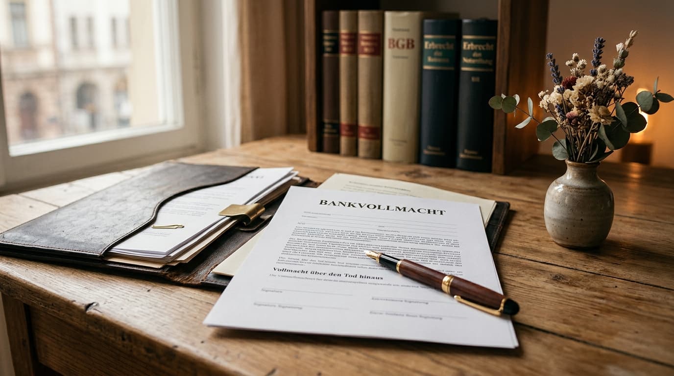 Bankvollmacht auf einem Schreibtisch mit Füllfederhalter und Ledermappe — transmortale Vollmacht