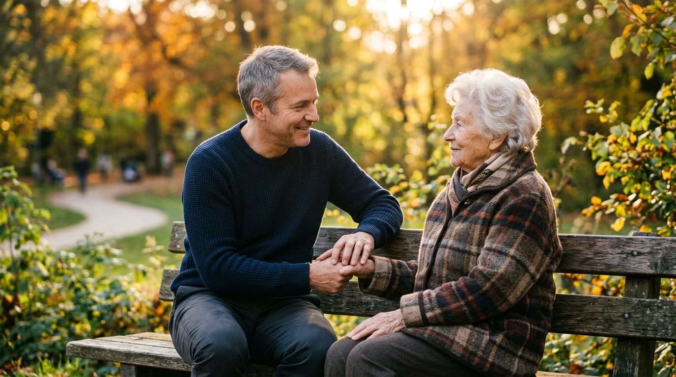 Ältere Person und junge Person besprechen Betreuungsverfügung und Vorsorgevollmacht am Tisch