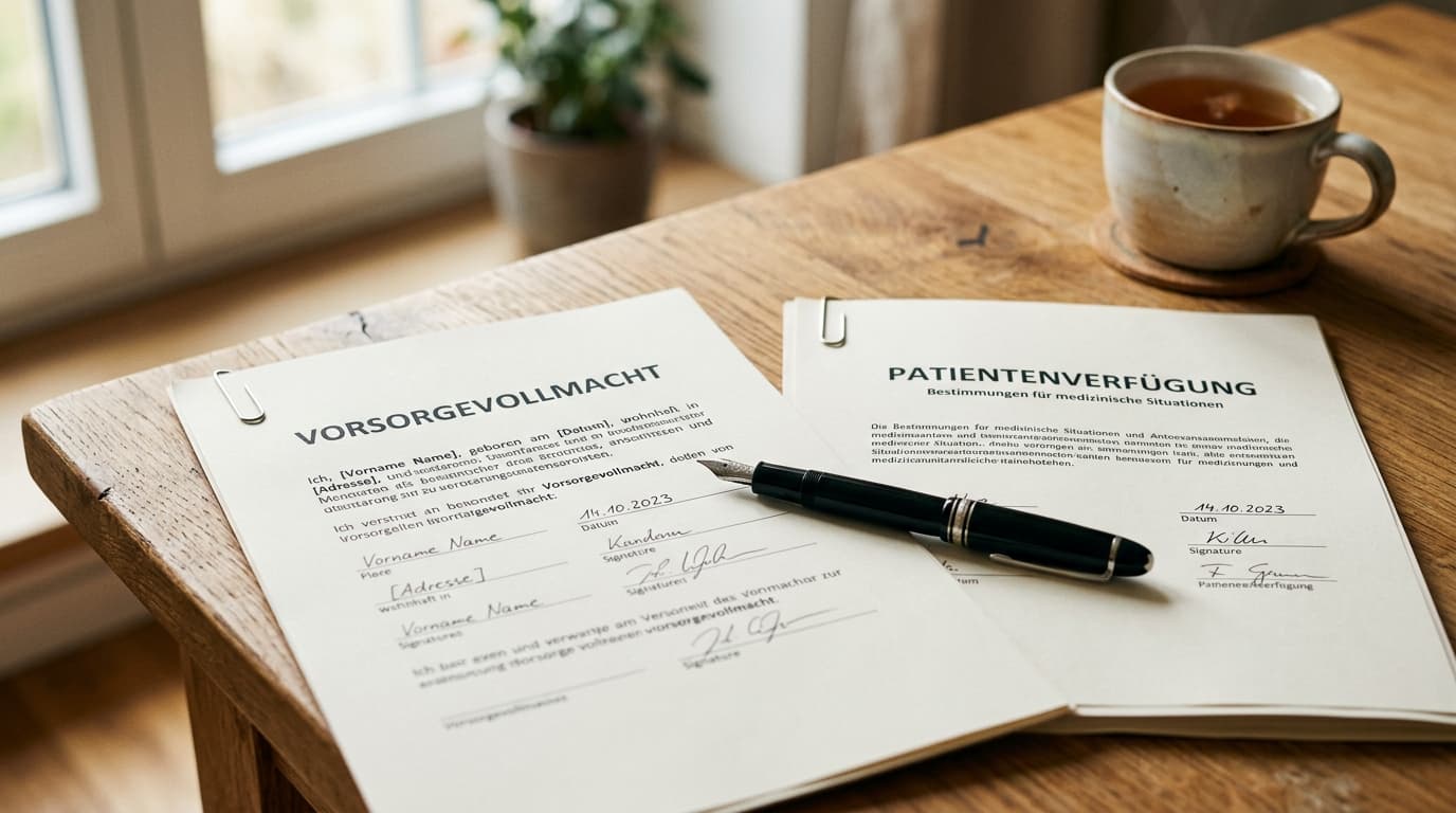 Vorsorgevollmacht und Patientenverfügung als zwei ausgedruckte Dokumente nebeneinander auf einem Holztisch