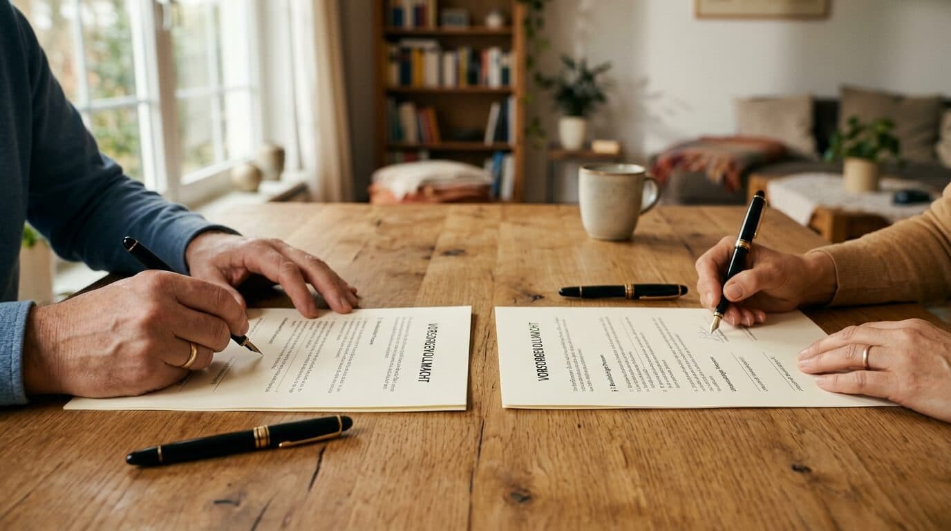 Zwei Personen unterschreiben gemeinsam Vorsorgevollmacht-Dokumente auf einem Holztisch — zwei Bevollmächtigte oder Ehepaar-Vollmacht