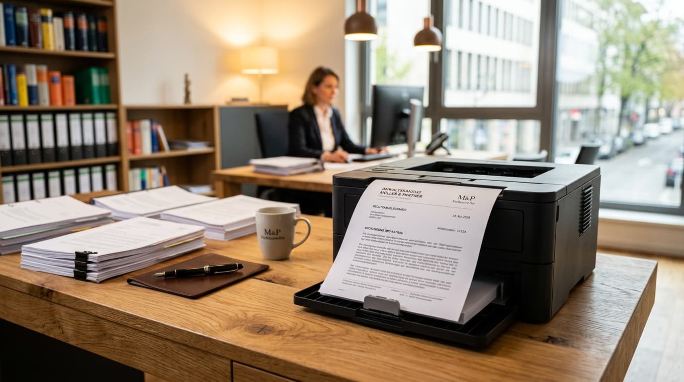 Vorsorgevollmacht wird aus dem Drucker gezogen, fertig zum Unterschreiben