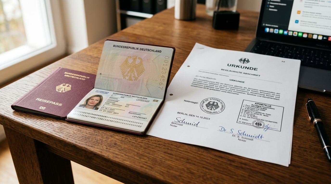 Reisepass mit Vorsorgevollmacht und Notarsiegel