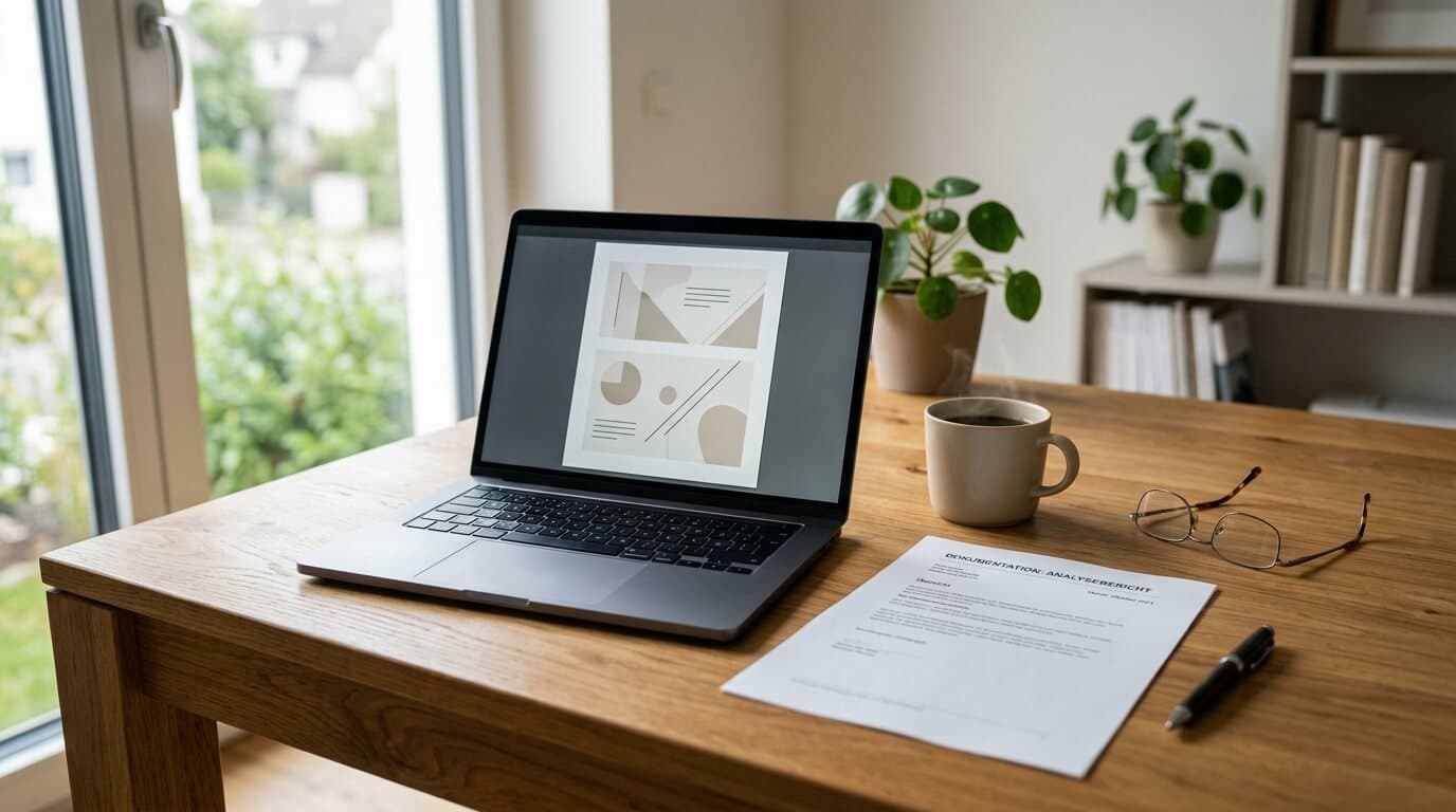 Laptop mit PDF-Dokument und ausgedrucktes Formular für die Vorsorgevollmacht auf einem Holzschreibtisch