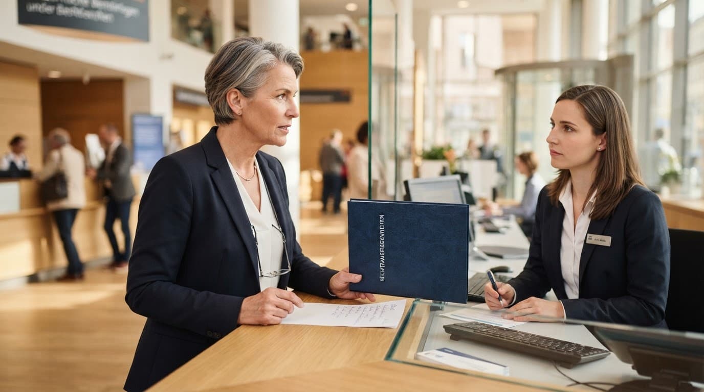 Bevollmächtigte Person am Bankschalter mit Vorsorgevollmacht in der Hand