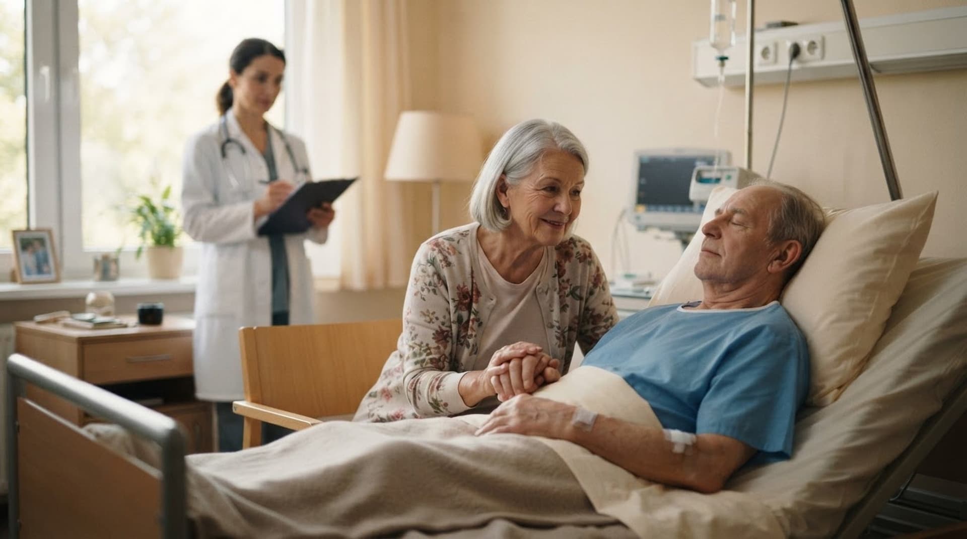 Ehegattennotvertretungsrecht — Ehepartner hält im Krankenhaus die Hand des erkrankten Partners