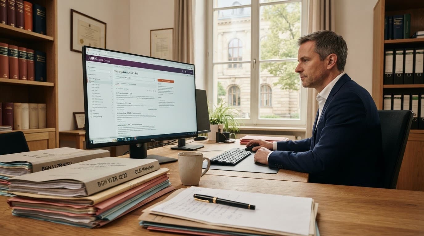 Betreuungsgericht ruft das Zentrale Vorsorgeregister elektronisch ab — Richter vor Bildschirm mit Datenbankabfrage