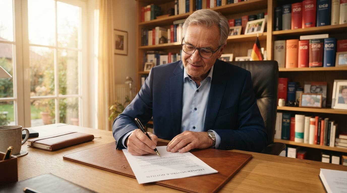 Vorsorgevollmacht ohne Notar — Person unterzeichnet ein Dokument am Schreibtisch