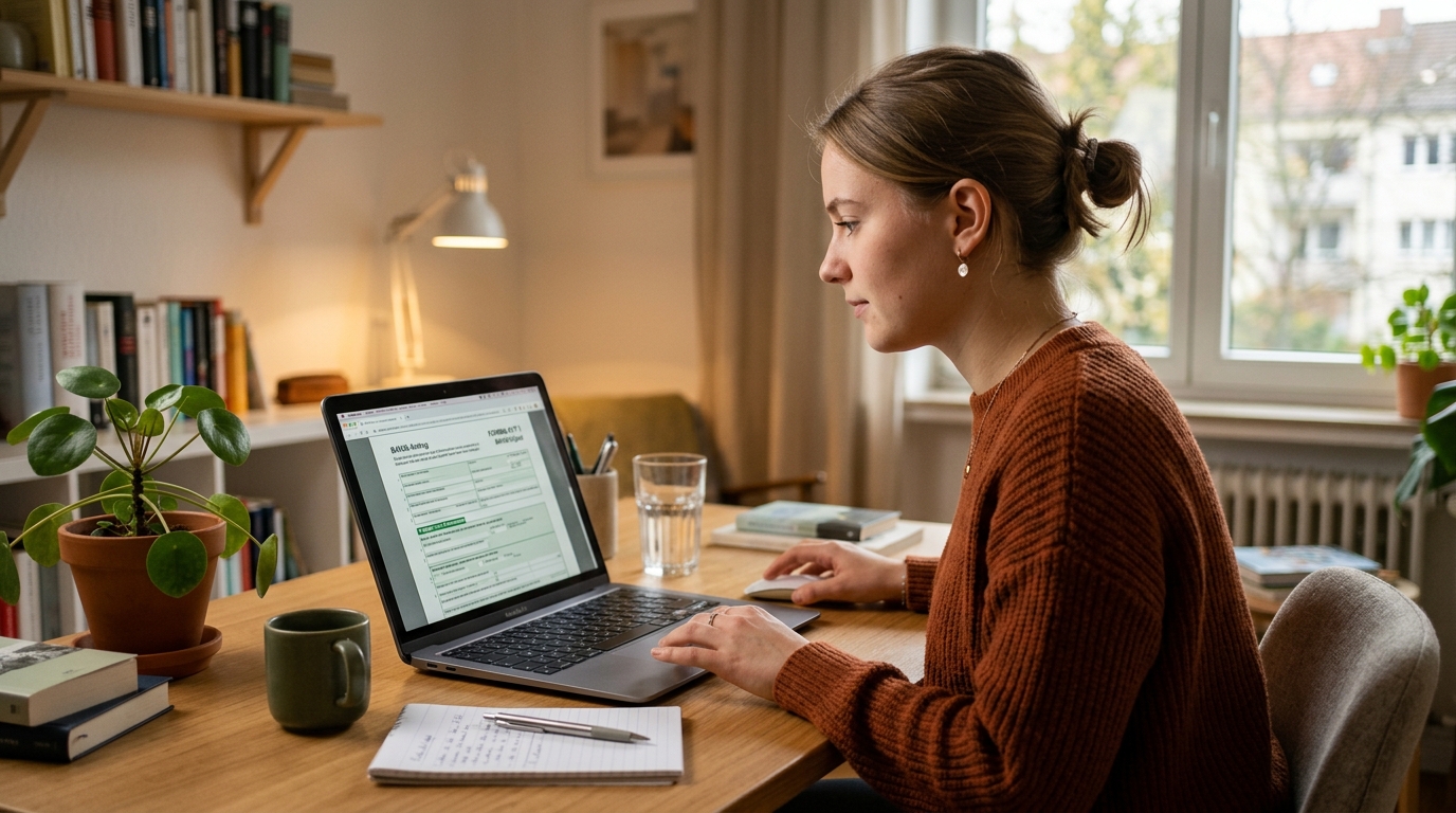 Student füllt BAföG-Antrag als PDF am Laptop aus