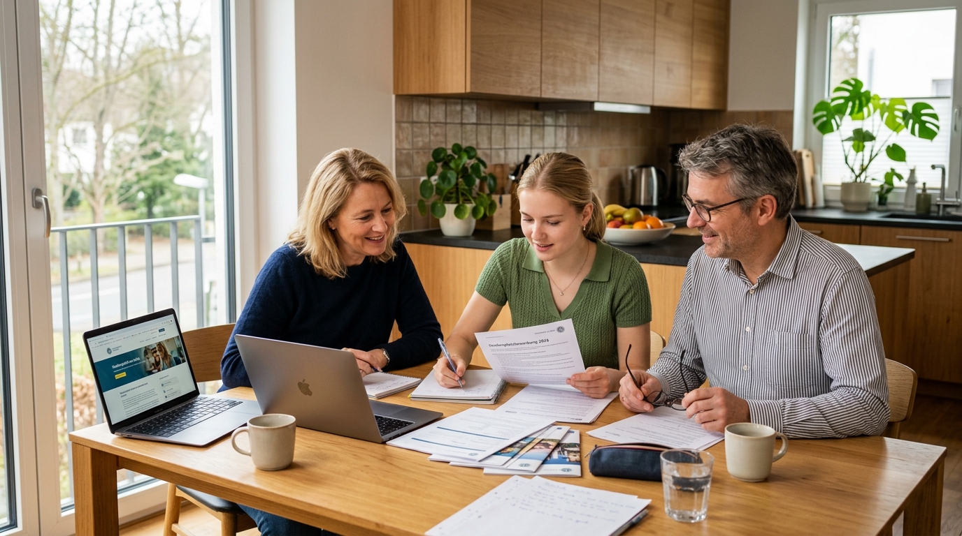Eltern und Student besprechen BAföG-Antrag am Küchentisch