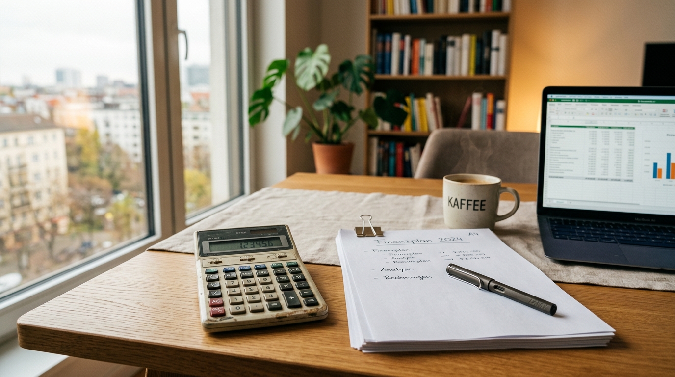 Taschenrechner mit BAföG-Rückzahlungsberechnung auf Schreibtisch