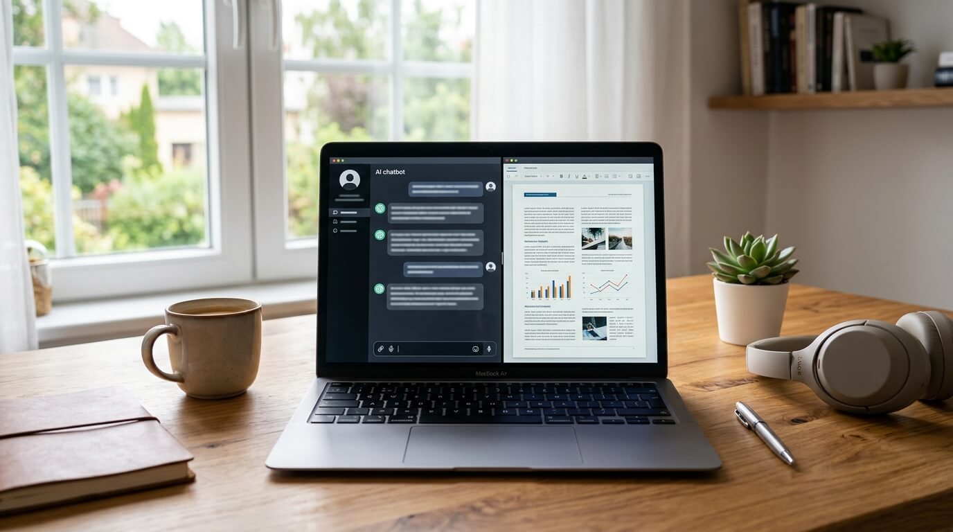 Laptop mit KI-Chatbot-Interface und Bewerbungsunterlagen auf dem Schreibtisch