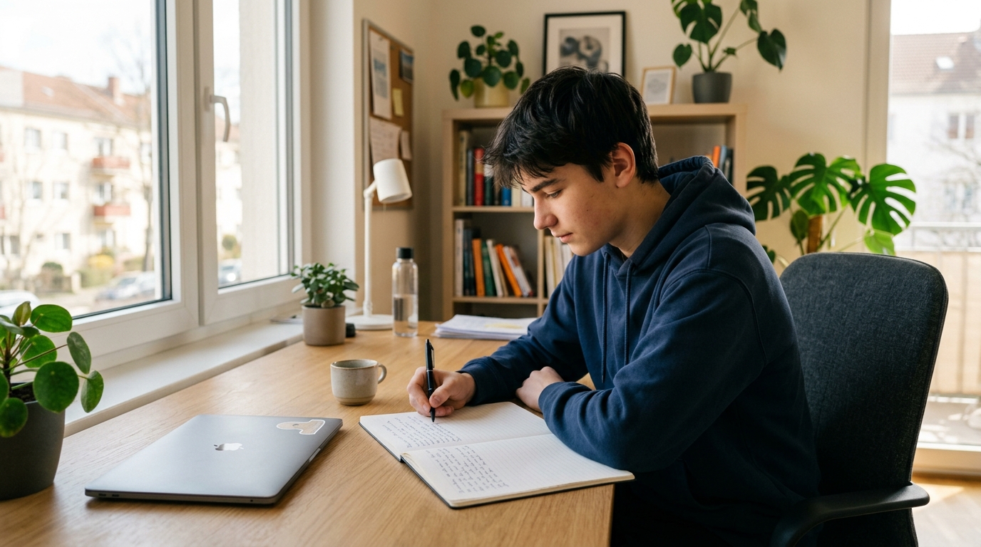 Jugendlicher am Schreibtisch schreibt Bewerbungsschreiben für Ausbildungsplatz