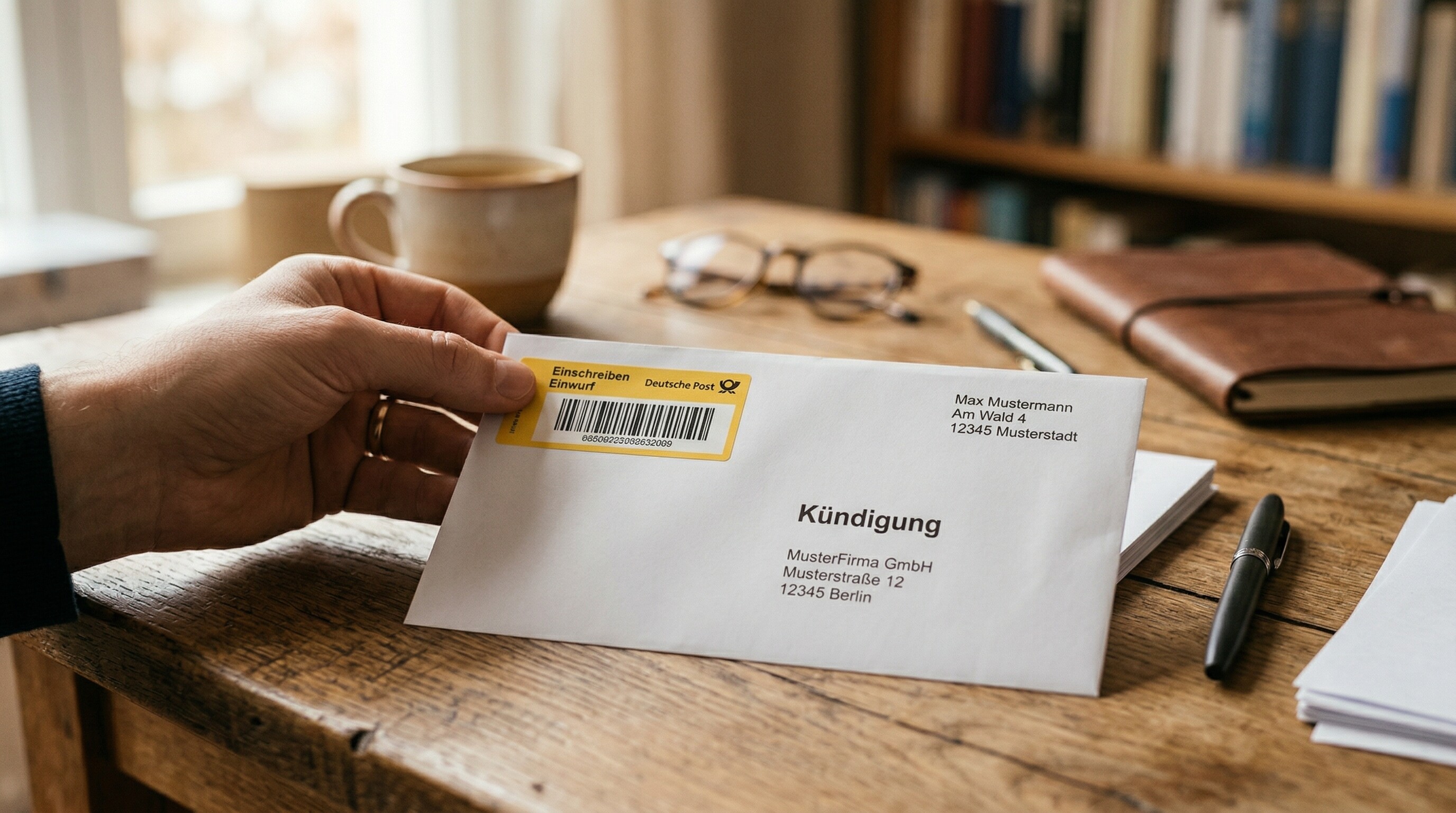 Briefumschlag mit Einschreiben-Aufkleber liegt auf einem Holztisch