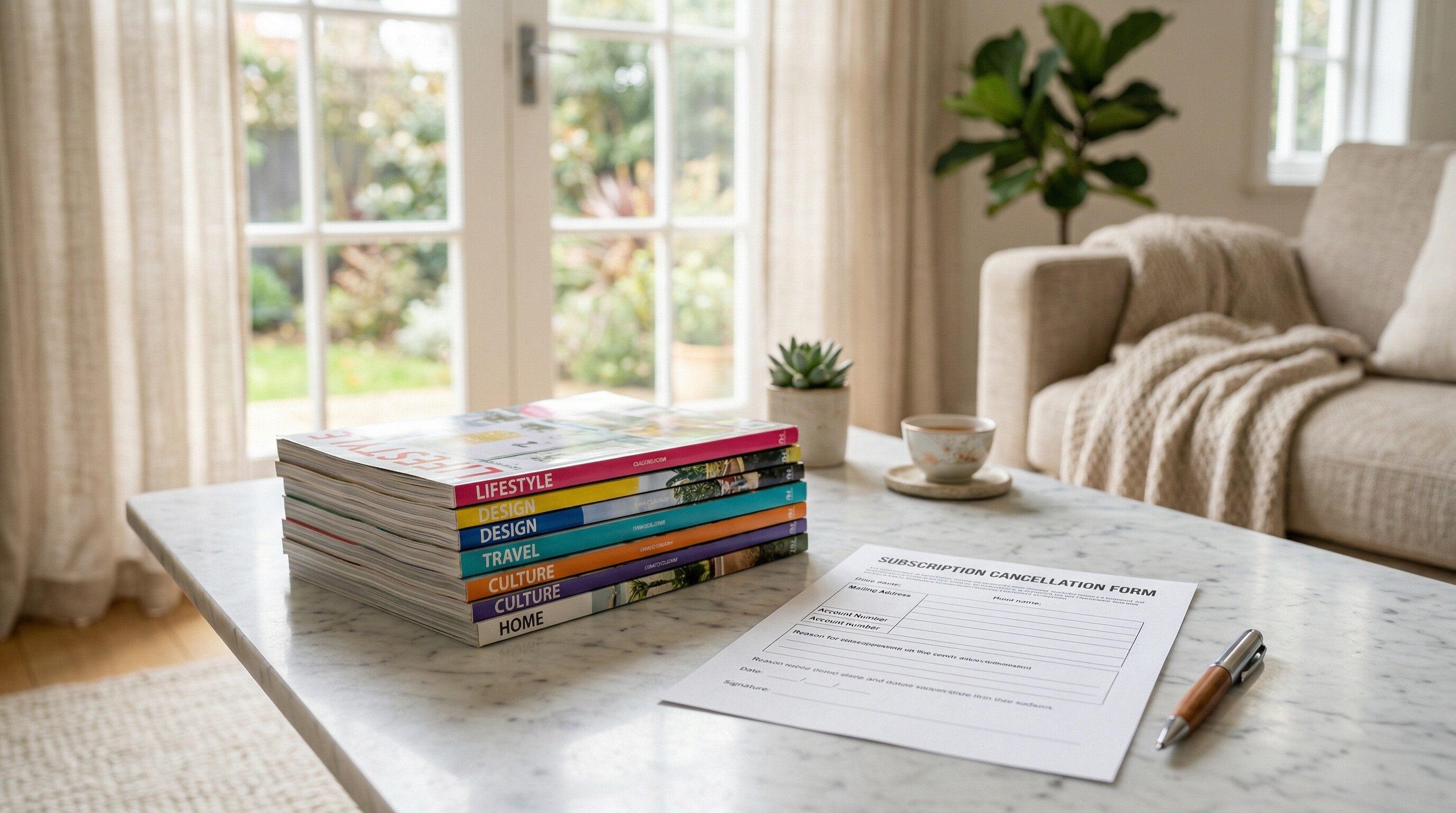 Stapel Zeitschriften auf einem Tisch, daneben ein Formular