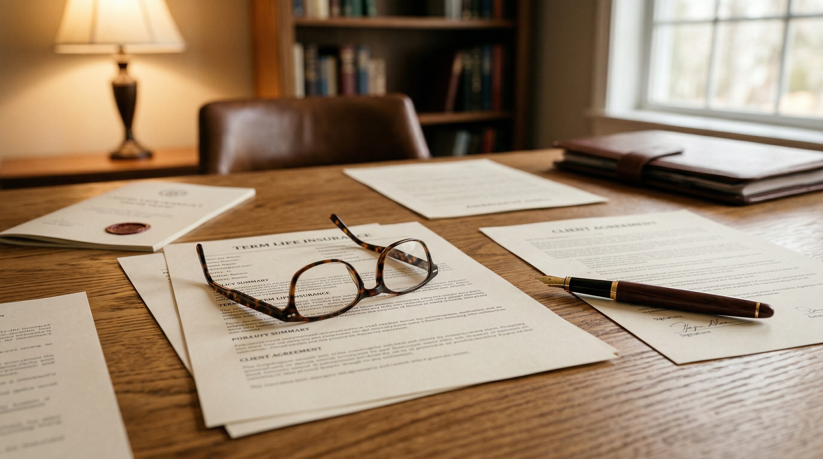 Versicherungsunterlagen und ein Stift auf einem Schreibtisch