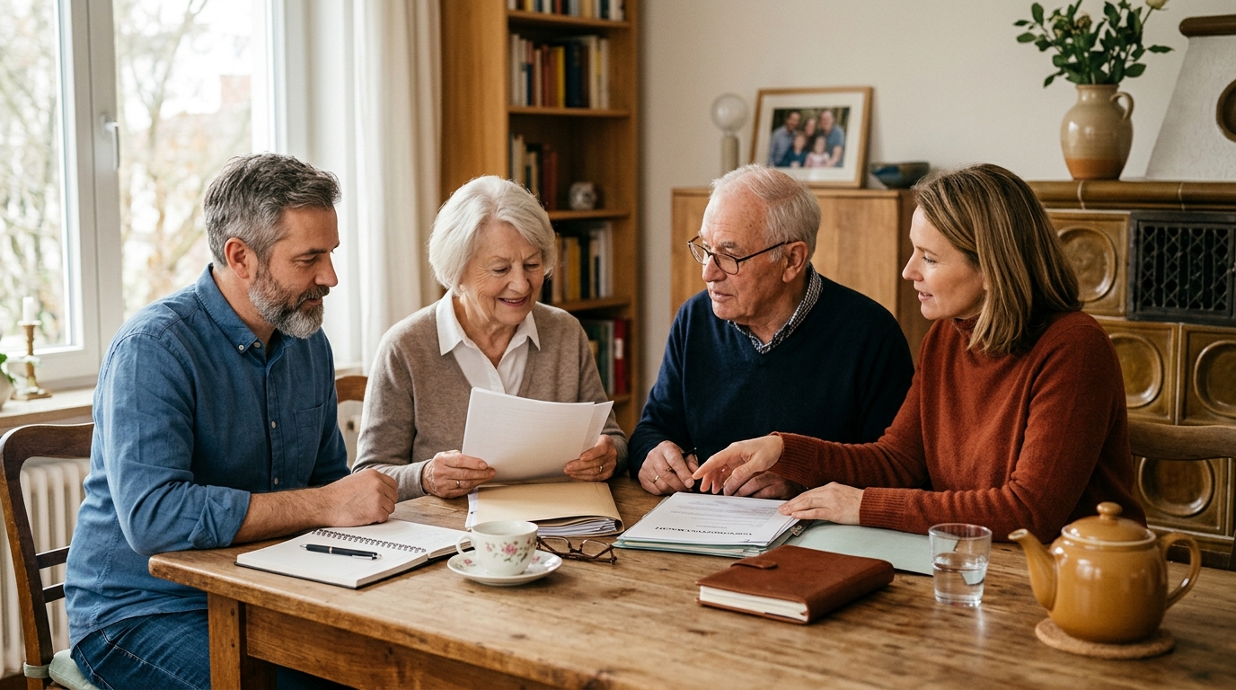 Person unterschreibt Vorsorgevollmacht Dokument am Schreibtisch