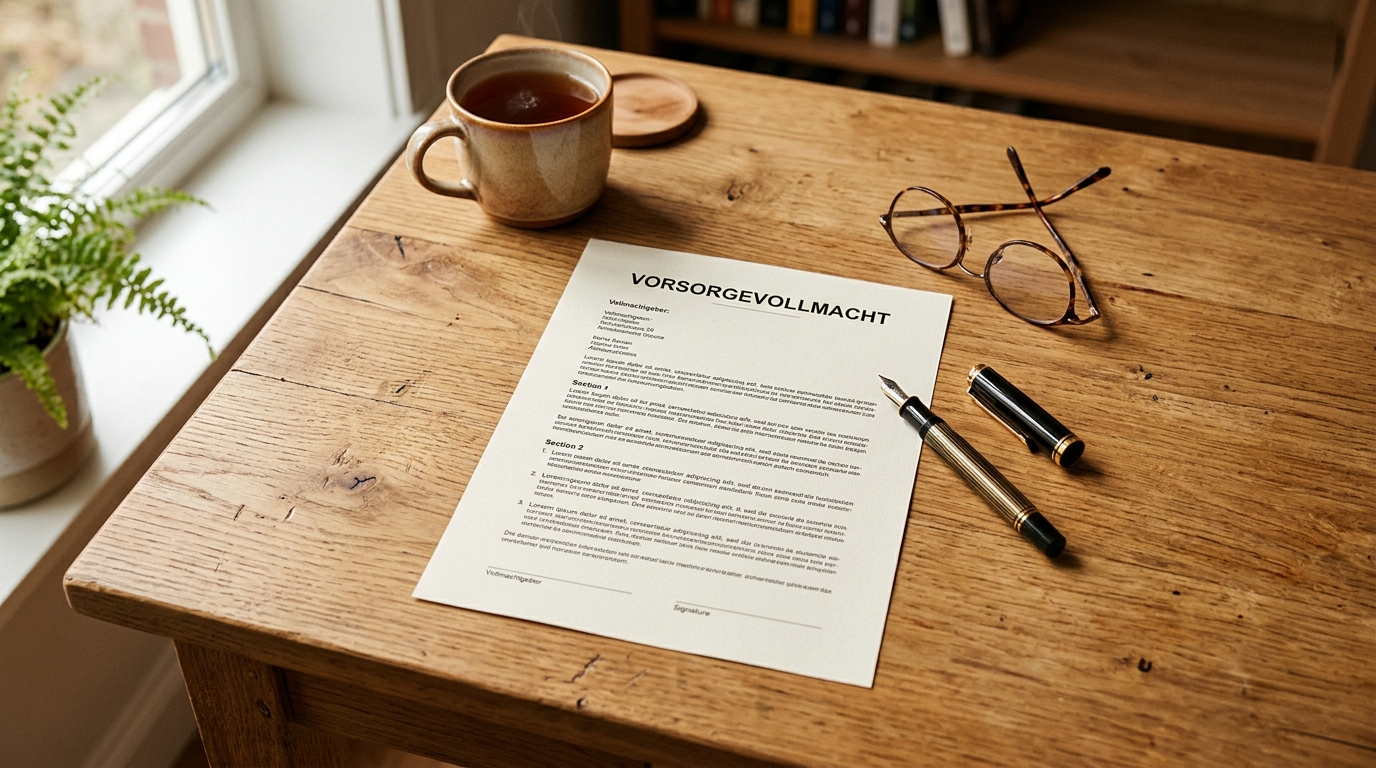 Vorsorgevollmacht PDF auf dem Drucker ausgedruckt, daneben ein Stift
