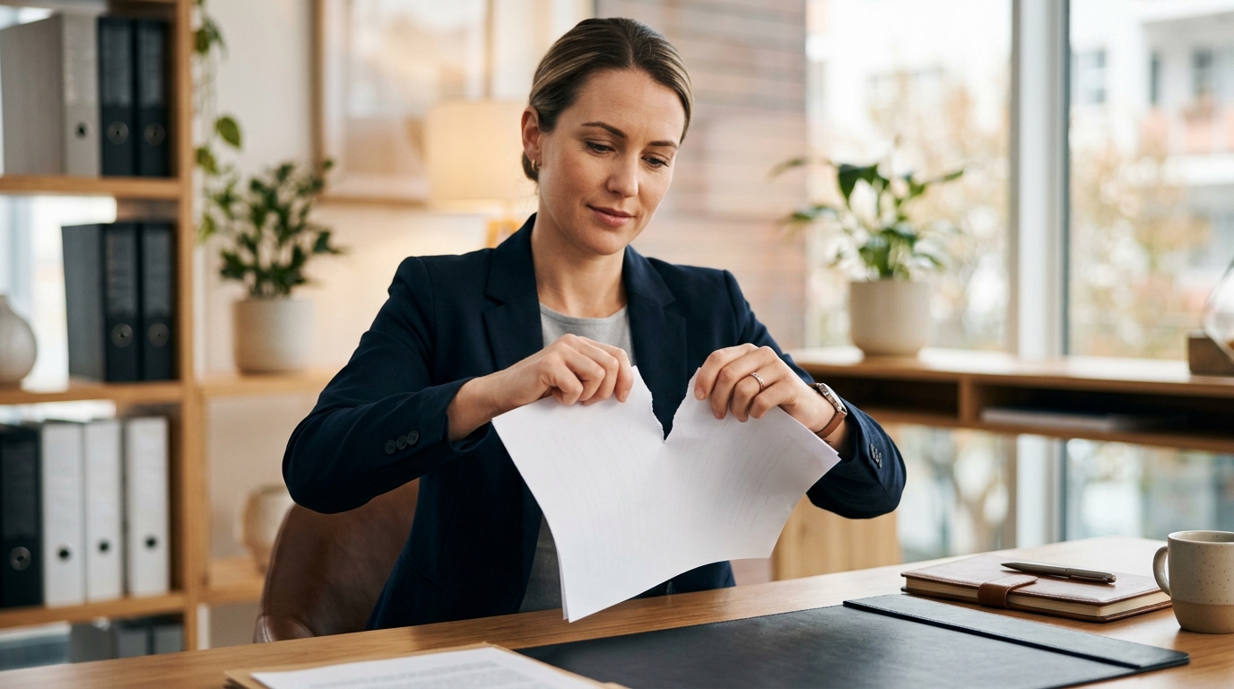 Person zerreißt ein Dokument — Symbol für den Widerruf einer Vorsorgevollmacht