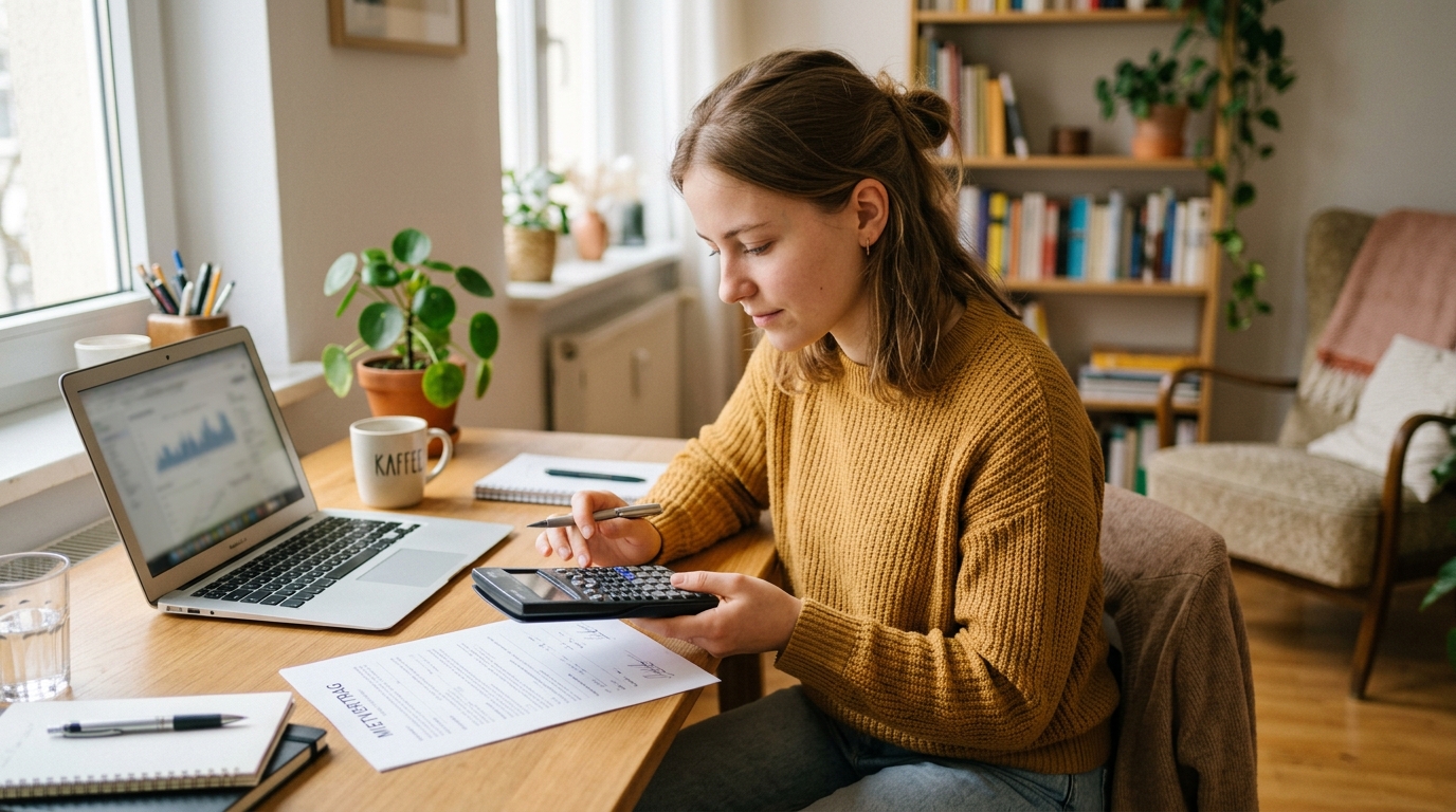 Student am Schreibtisch mit Taschenrechner und Mietvertrag
