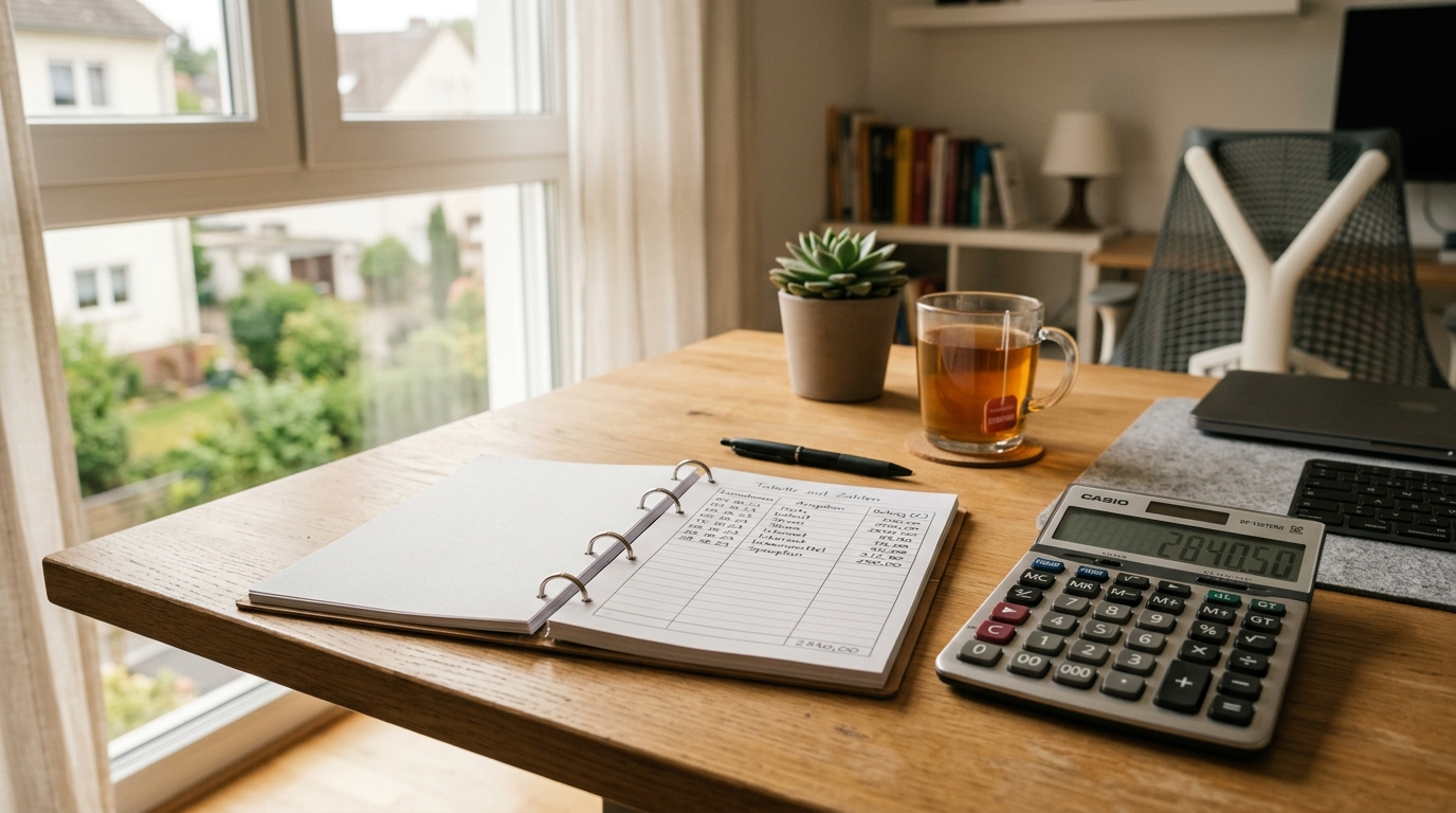 Tabelle mit Wohngeldbeträgen und Taschenrechner auf Schreibtisch