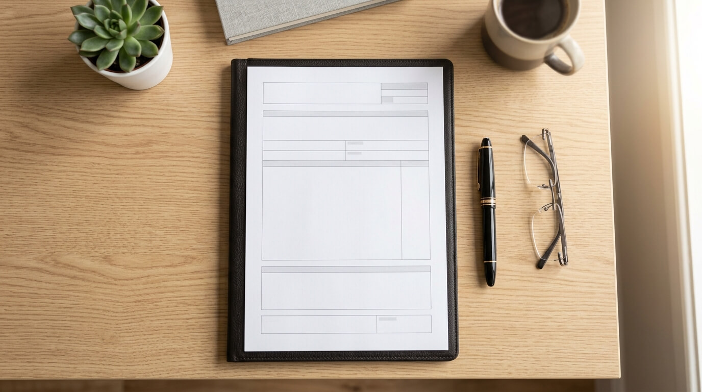 Ausgedruckte Arbeitszeugnis-Vorlage auf einem Schreibtisch neben einem Stift