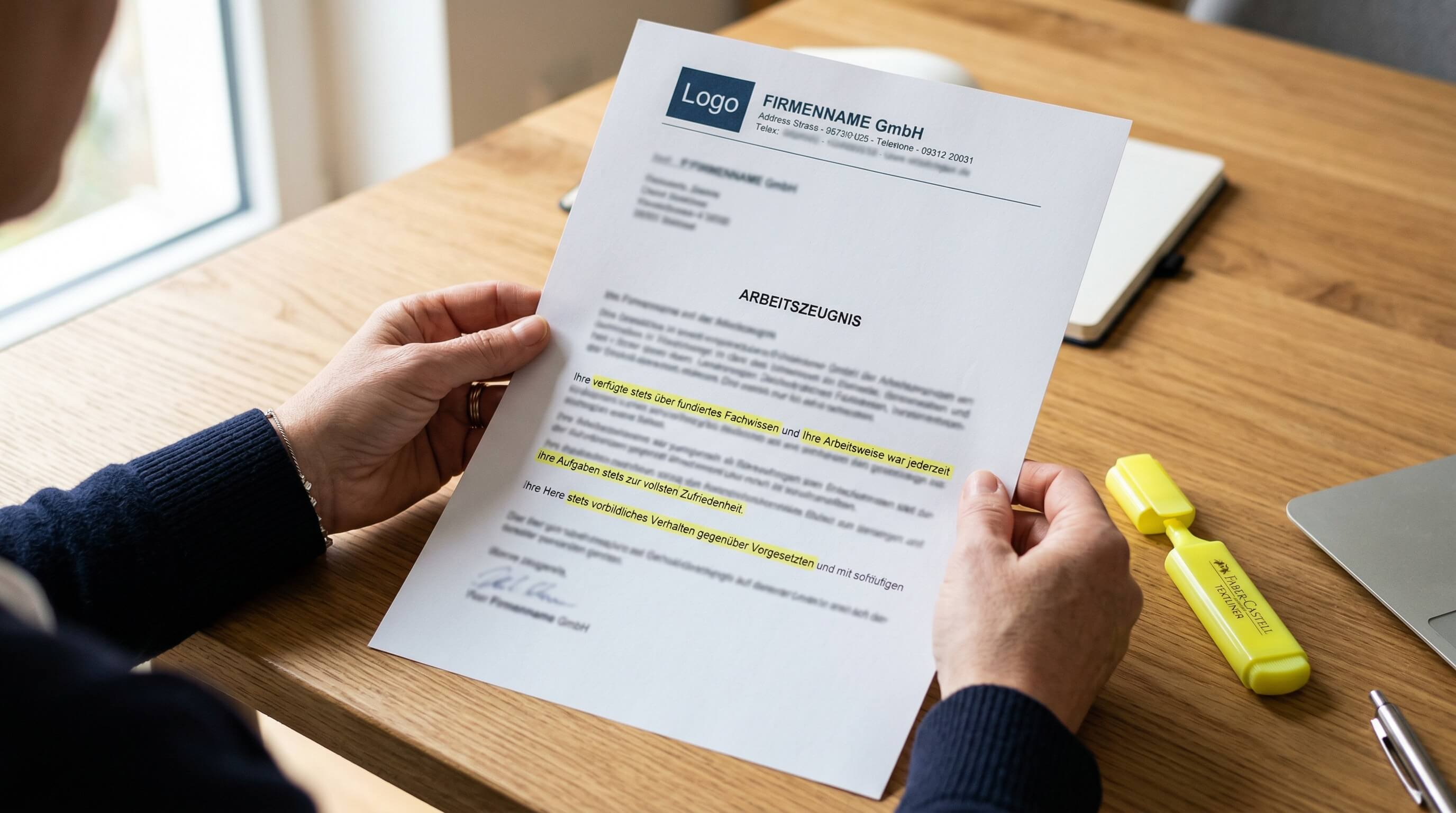 Arbeitszeugnis mit gelb markierten Geheimcode-Formulierungen und Textmarker auf einem Schreibtisch